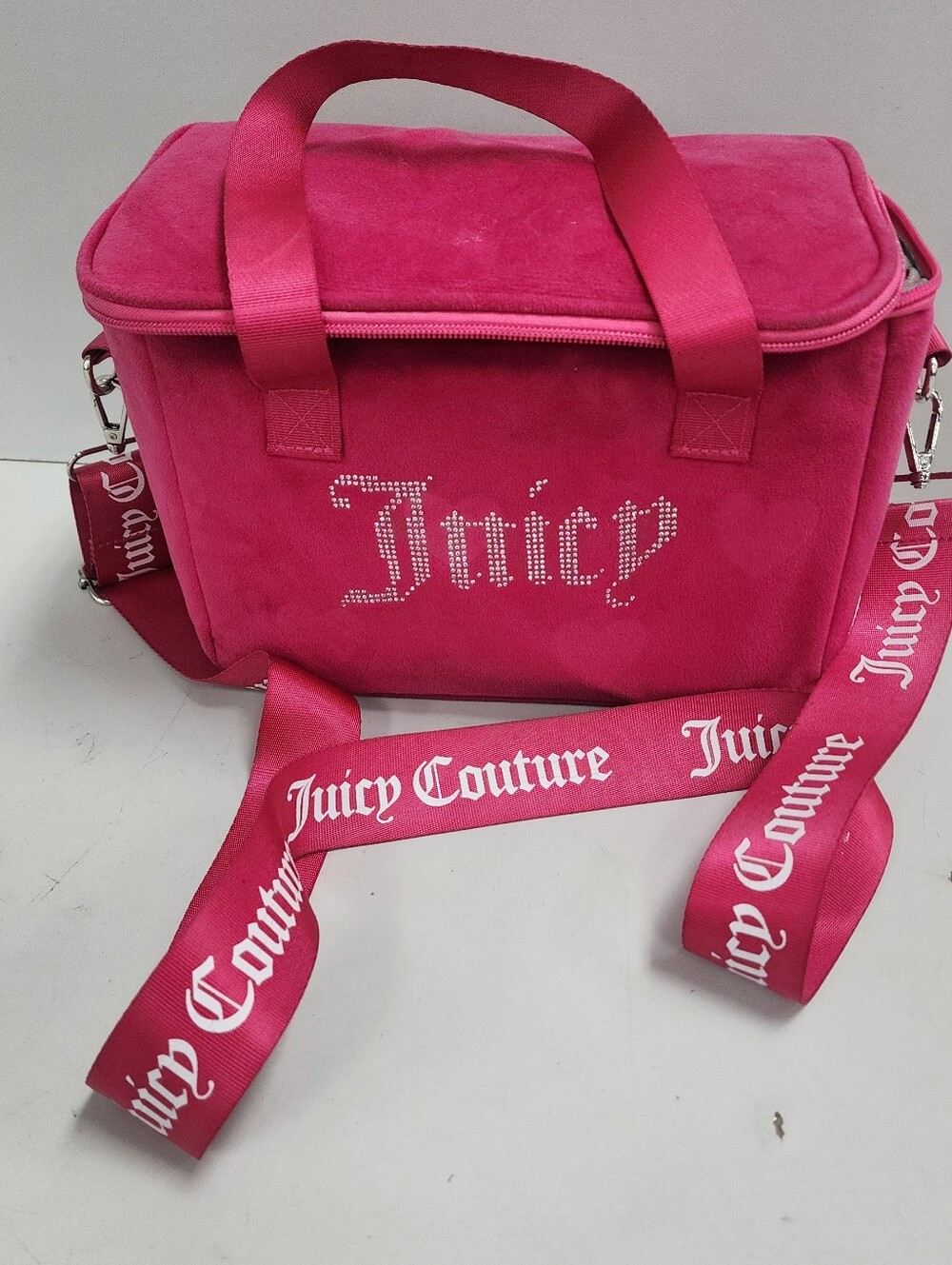 Juicy Couture Rhinestone Logo Pink Velour Insulated Lunch Bag